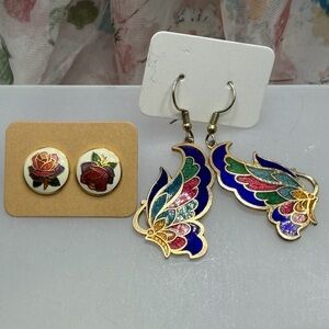 Vintage Cloisonné  Earrings Butterfly and Rose pierced #335CE